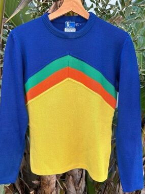 Vintage 1970s JCPenney Ski Apparel Chevron Sweater Blue Yellow XS